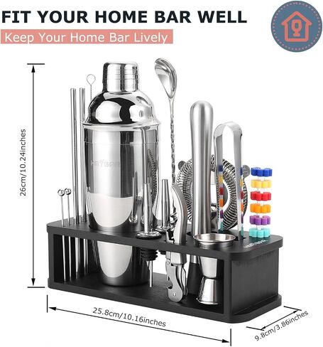 22-pc Cocktail Shaker Set(24oz/700ml) | Mixology Bartender Kit | Bar Set | Bar Tool Set | Martini Making Set with 39-Recipe Cocktail Cards & Kit's Deco, Bamboo Stand Black Color, Silver Tools in Saudi Arabia