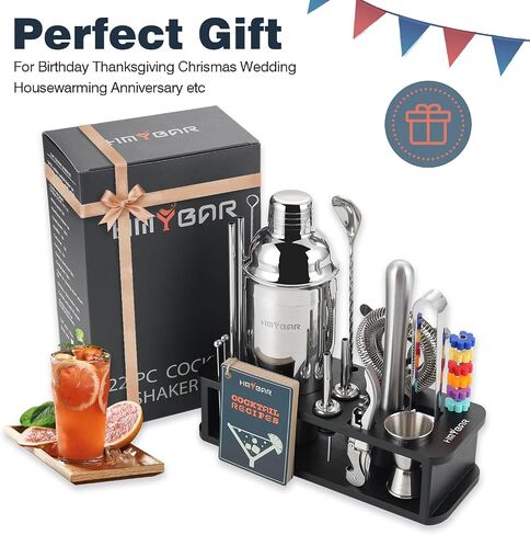 22-pc Cocktail Shaker Set(24oz/700ml) | Mixology Bartender Kit | Bar Set | Bar Tool Set | Martini Making Set with 39-Recipe Cocktail Cards & Kit's Deco, Bamboo Stand Black Color, Silver Tools in Saudi Arabia