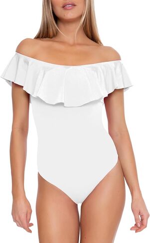 Trina Turk Women's Ruffle One Piece Swimsuit, Off Shoulder, Bathing Suits in Saudi Arabia