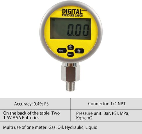 2400PSI Digital Hydraulic Pressure Gauge Pressure Manometer Pressure Sensor with 1/4-Inch NPT Connector Base Entry 200BAR/16Mpa 3.15" Dial Size in Saudi Arabia