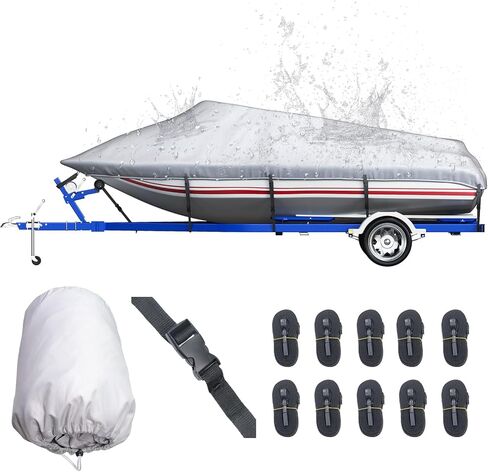 غطاء قارب بطول 20-22 قدم، يناسب هيكل ثلاثي، هيكل على شكل حرف V، قارب صيد، قارب باس بحري 600D أغطية قارب من قماش البوليستر القابل للقطر مقاوم للماء مع حزام تشديد in Kuwait