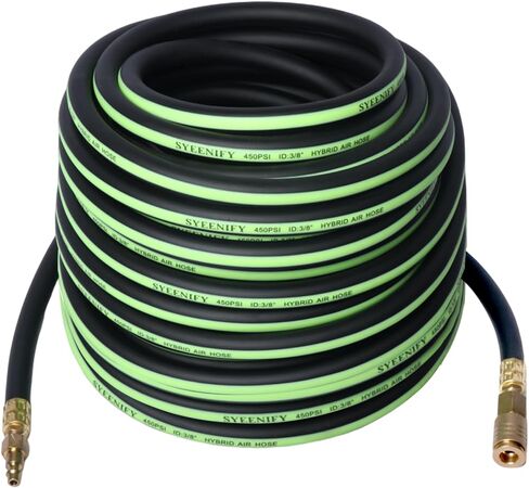 SYEENIFY Air Hose 3/8 inch Heavy Duty, Lightweight, Kink Resistant, Hybrid Air Compressor Hose All-Weather Flexibility with 1/4" Industrial High Flow Quick Brass Coupler and Plug (100FT) in Kuwait