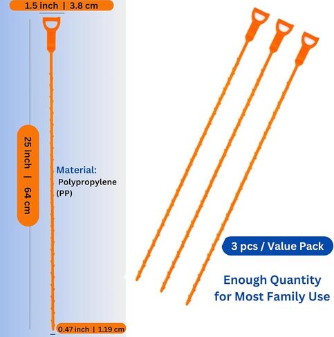 ampm 3 Pack 25 Inch Drain Clog Remover Drain Hair Cleaner Tool Sink Snake Cleaner For Sewer Toilet Kitchen Sink Bathroom Tub Clogged Drains Relief Cleaning Tool Orange in Saudi Arabia