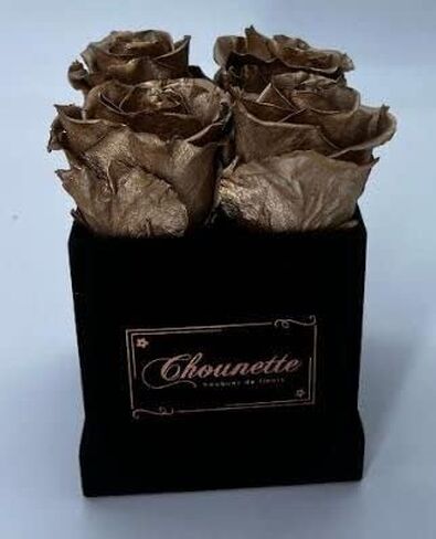 ورود Chounette المحفوظة - L' ETONNANTE - 4 ورود ذهبية داكنة محفوظة في صندوق مخملي أسود - ورود أبدية - تدوم طوال العام in Saudi Arabia