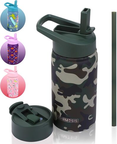 14 oz Kids Water Bottle | Insulated Water Bottle with Straw & 2 Lids | Reusable Double Insulated Water Bottle - Leakproof Kids Water Bottle for School & Outdoor Activities - Camo in Saudi Arabia