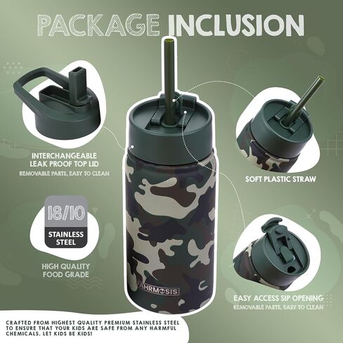 14 oz Kids Water Bottle | Insulated Water Bottle with Straw & 2 Lids | Reusable Double Insulated Water Bottle - Leakproof Kids Water Bottle for School & Outdoor Activities - Camo in Saudi Arabia