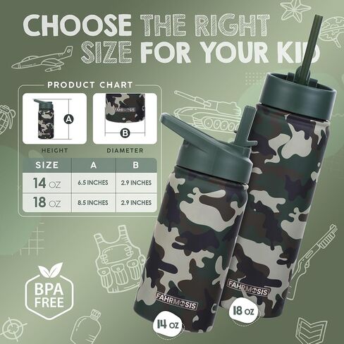 14 oz Kids Water Bottle | Insulated Water Bottle with Straw & 2 Lids | Reusable Double Insulated Water Bottle - Leakproof Kids Water Bottle for School & Outdoor Activities - Camo in Saudi Arabia