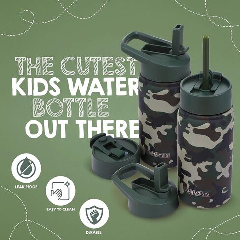14 oz Kids Water Bottle | Insulated Water Bottle with Straw & 2 Lids | Reusable Double Insulated Water Bottle - Leakproof Kids Water Bottle for School & Outdoor Activities - Camo in Saudi Arabia