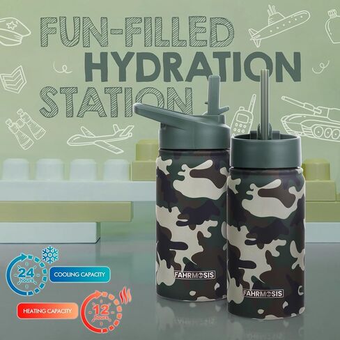 14 oz Kids Water Bottle | Insulated Water Bottle with Straw & 2 Lids | Reusable Double Insulated Water Bottle - Leakproof Kids Water Bottle for School & Outdoor Activities - Camo in Saudi Arabia