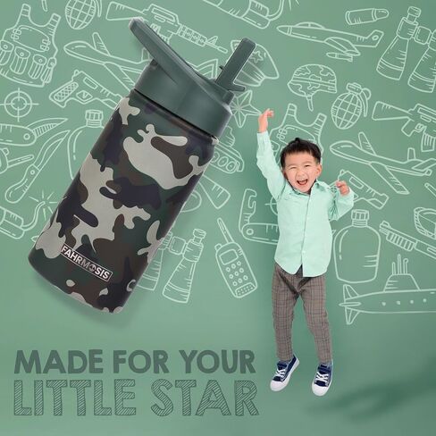 14 oz Kids Water Bottle | Insulated Water Bottle with Straw & 2 Lids | Reusable Double Insulated Water Bottle - Leakproof Kids Water Bottle for School & Outdoor Activities - Camo in Saudi Arabia