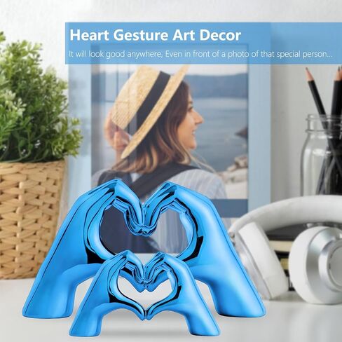 Heart Hands Sculpture for Living Room Decor,Plated Blue Decor Love Finger Statue for Boho Wedding Decorations,Heart Gesture Ornaments Home Decor for Shelves,Console Decor 2Pcs in Saudi Arabia