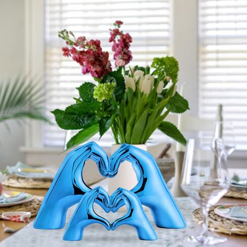 Heart Hands Sculpture for Living Room Decor,Plated Blue Decor Love Finger Statue for Boho Wedding Decorations,Heart Gesture Ornaments Home Decor for Shelves,Console Decor 2Pcs in Saudi Arabia