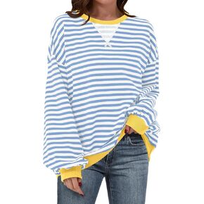 Women Striped Oversized Sweatshirt Long Sleeve Crewneck Hoodies Shirts 2024 Fall Pullover Top Trendy Preppy Clothes in Kuwait