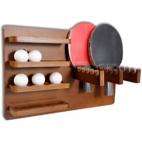Wall-Mounted Ping Pong Paddle and Ball Holder, Bamboo Wood, Walnut Color, 4-Tier Table Tennis Storage Rack for 16 Balls and 6 Paddles