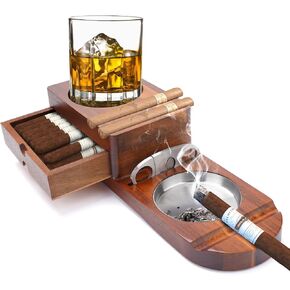 Cigar Ashtray Coaster Whiskey Glass Tray and Wooden Ash Tray with Cigar Cutter, Include Drawer and Cigar Slot, Cigar Accessories Gift for Men, Great Decor for Home Office