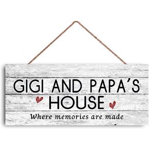 GUQFF 12x6 inch New Sign Gigi and Papa's House Sign, Where Memories are Made, Distressed Style, Gift for Grandparents, Indoor Outdoor Sign