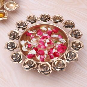 Rose Flower Design 9 Inches Metal Decor Urli Bowl, Urli Showpiece for Home Decor, Diwali Decoration Bowl, Housewarming Gifts, Golden, Pack of 1