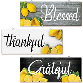 Amyhill 3 Pieces Lemon Wall Decor Grateful Thankful Blessed Wall Art Signs Lemon Decorations for Home Wall Signs for Front Door Farmhouse Wooden Signs for Wall Kitchen (Classic Colors)