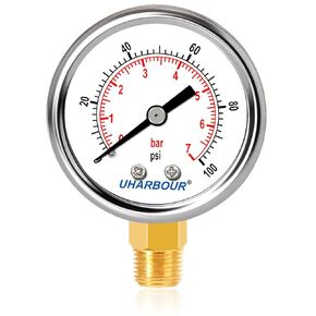 Lead-Free Pressure Gauge 1/4 NPT 0-100 Psi 2" Dial Stainless Steel Case, 1/4 NPT Lower Mount Pressure Gauge
