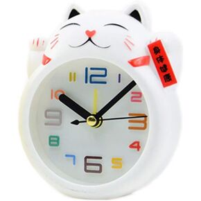 BESPORTBLE Desk Clock Bells Lucky Cat Student Kids Alarm Clock without Battery Tabletop Desktop for Home Office Room (White)