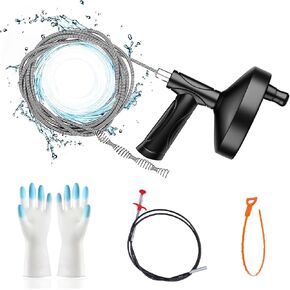 Drain Auger 25 Ft with Gloves, Easy to Use and Highly efficient, Flexible Plumbing Snake Drain Clog Remover, Drain Clog Remover for Bathroom Kitchen Sink, Shower Drain, Sewer Tool, Red