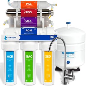 نظام تنقية المياه بالتناضح العكسي للأشعة فوق البنفسجية من EXPRESS WATER - فلتر مياه للأشعة فوق البنفسجية 11 مرحلة مع صنبور وخزان - فلتر مياه تحت الحوض مع فلتر قلوي لإضافة المعادن الأساسية 100 الناتج المحلي الإجمالي in Kuwait