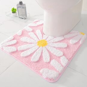 QJHOMO Toilet Rugs U Shaped, Pink Toilet Mat Cute Daisy Contour Bath Rug 20"x20", Extra Thick Soft Machine Washable Toilet Carpet, Non Slip Bathroom Floor Mats Super Absorbent Microfiber Bath Rugs