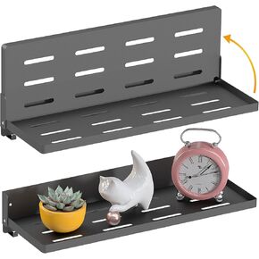 Folding Metal Shelf with Hooks, Wall Mounted Laundry Room Shelf, 8 Hooks and 90° Fold Up, Fold-Down Wall Shelf for Rv, Bathroom, Kitchen, Space Saving, Small Space, Black（17.0", 1 Pack）