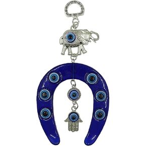 قلادة LUCKBOSTIUM الفيل وحدوة الحصان مع يد همسة، وعين الشر، والمزيد من الحظ الجيد والحماية ملحقات السيارة المعلقة باللون الفضي والأزرق للحقائب المنزلية ومرآة الرؤية الخلفية ديكور ساحر in Kuwait