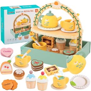 Wooden Tea Sets for Little Girls 3-6 Pretend Play Tea Playset Cake Stand Dessert Cookies Kids Kitchen Accessories Toddler Tea Time Party Food Toys for Girls Boys Birthday Gift