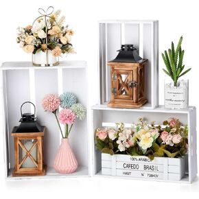 Set of 3 Decorative Wood Crates for Display Nesting Wooden Storage Crate Box with Handle Rustic Storage Container for Wedding Vintage Decor Display Party Decoration(Rustic White)
