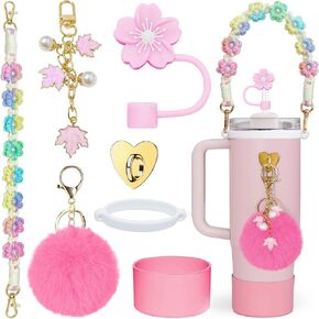 Stanley Cup Accessories Set-Woven Water Bottle Handle Strap, Siliocne Stanley Cup Boot, Stanley Charms for Stanley Cup 40oz Tumbler，Straw Cover Cap(Pink)