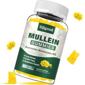Sugar Free Mullein Gummies - 2000mg Mullein Leaf Extract with Bromelain, Quercetin - Support Lung Cleanse for Healthy Breathing, Digestive Support, Immune Booster - 60 Mango Flavored Gummies