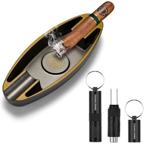 Cigar Ashtray with 2 Cigar Holder,2-in-1 Cigar Punch(9mm) and Enhancer Twin Nubber Portable Cigar Tool Set(Black)