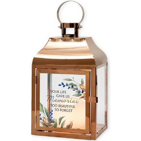 The Bridge Collection 12" Brass Color Memorial Lantern with LED Candle - Rose Gold Color Remembrance Flameless Candle Lantern - Funeral Gift for Loss of Loved One