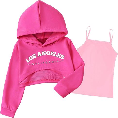 Arshiner Girls Cropped Sweatshirt Long Sleeve Shirts High Low Hem Crop Tops for Teens Kids Hoodies with Cami 5-14 Years in Saudi Arabia