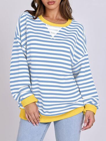 سترة نسائية مخططة كبيرة الحجم بأكمام طويلة مع قلنسوة قمصان خريف 2024 بلوفر علوي ملابس بريبي العصرية in Kuwait