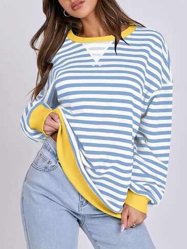 سترة نسائية مخططة كبيرة الحجم بأكمام طويلة مع قلنسوة قمصان خريف 2024 بلوفر علوي ملابس بريبي العصرية in Kuwait