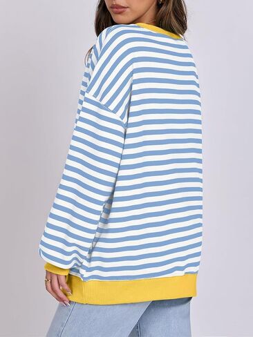 سترة نسائية مخططة كبيرة الحجم بأكمام طويلة مع قلنسوة قمصان خريف 2024 بلوفر علوي ملابس بريبي العصرية in Kuwait