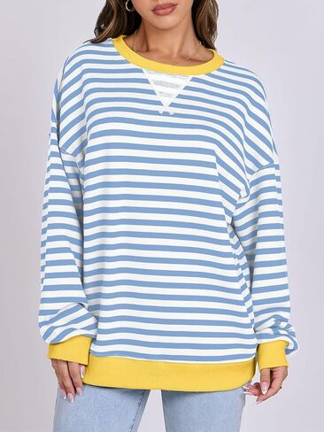 سترة نسائية مخططة كبيرة الحجم بأكمام طويلة مع قلنسوة قمصان خريف 2024 بلوفر علوي ملابس بريبي العصرية in Kuwait