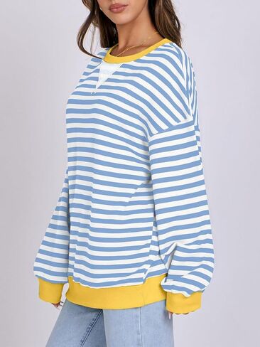 سترة نسائية مخططة كبيرة الحجم بأكمام طويلة مع قلنسوة قمصان خريف 2024 بلوفر علوي ملابس بريبي العصرية in Kuwait