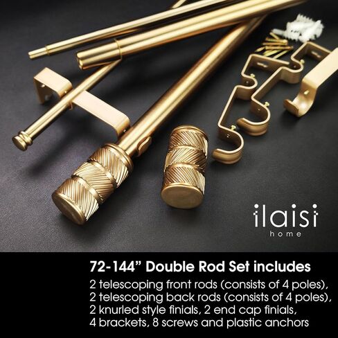 1-1/8 Inch Diameter Antique Gold Curtain Rods with Knurl Design Finial, 72-144 inch Telescoping Double Curtain Rods for window width 68-140 inch, 1 pack in Saudi Arabia