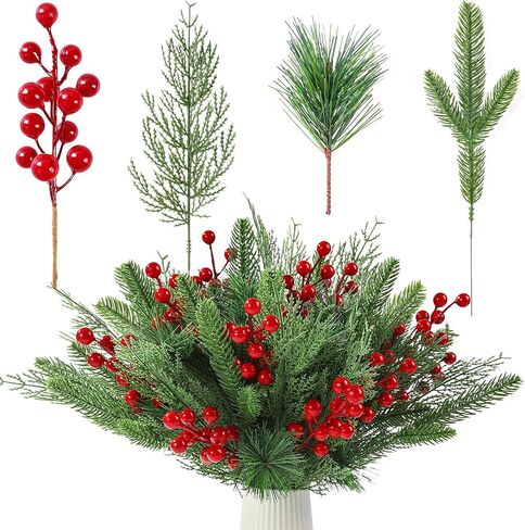 60 PCS Artificial Pine Branches Christmas Faux Pine Greenery Stems Red Holly Berries Fake Cedar Pine Needles Picks for Christmas Tree Wreath Garland DIY Crafts Holiday Home Decoration in Saudi Arabia