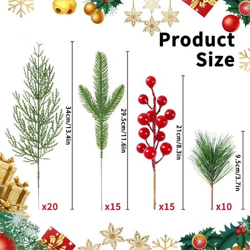 60 PCS Artificial Pine Branches Christmas Faux Pine Greenery Stems Red Holly Berries Fake Cedar Pine Needles Picks for Christmas Tree Wreath Garland DIY Crafts Holiday Home Decoration in Saudi Arabia
