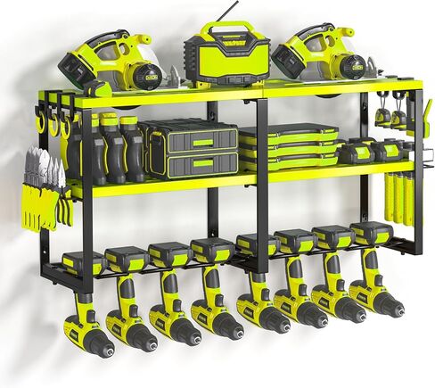 Heavy Duty Metal Power Tool Organizer, 8 Drill Bit Holders Wall Mount, Easy to Install Garage Tool Rack with Pliers and Hammer Holders for Workshop, Shed and Garage Organization Storage - Green in Saudi Arabia