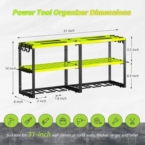 Heavy Duty Metal Power Tool Organizer, 8 Drill Bit Holders Wall Mount, Easy to Install Garage Tool Rack with Pliers and Hammer Holders for Workshop, Shed and Garage Organization Storage - Green in Saudi Arabia