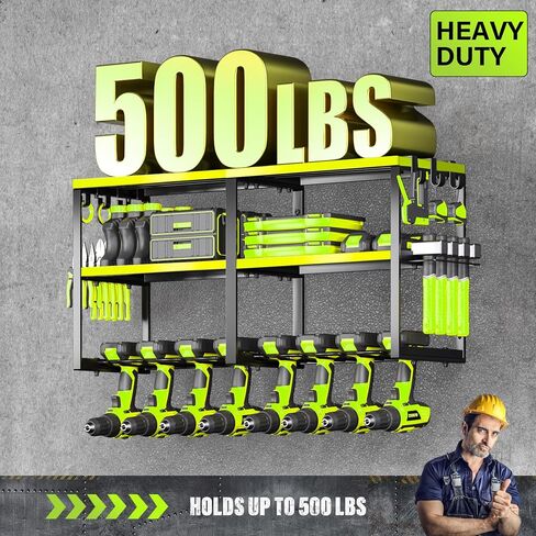 Heavy Duty Metal Power Tool Organizer, 8 Drill Bit Holders Wall Mount, Easy to Install Garage Tool Rack with Pliers and Hammer Holders for Workshop, Shed and Garage Organization Storage - Green in Saudi Arabia