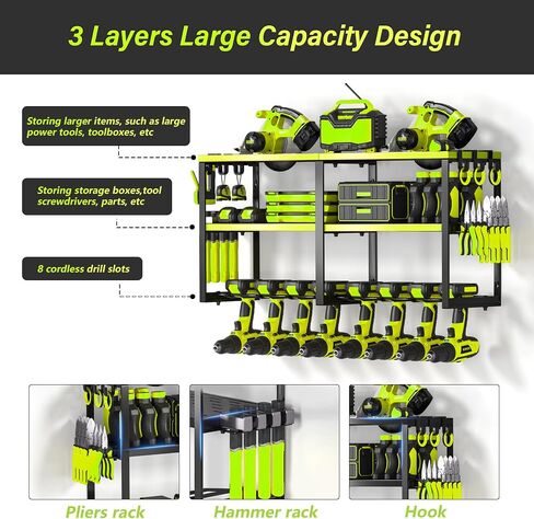 Heavy Duty Metal Power Tool Organizer, 8 Drill Bit Holders Wall Mount, Easy to Install Garage Tool Rack with Pliers and Hammer Holders for Workshop, Shed and Garage Organization Storage - Green in Saudi Arabia