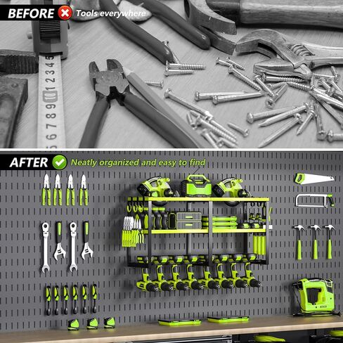 Heavy Duty Metal Power Tool Organizer, 8 Drill Bit Holders Wall Mount, Easy to Install Garage Tool Rack with Pliers and Hammer Holders for Workshop, Shed and Garage Organization Storage - Green in Saudi Arabia