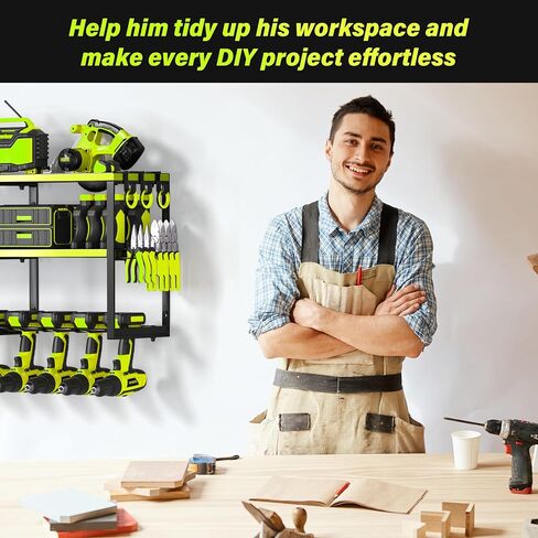 Heavy Duty Metal Power Tool Organizer, 8 Drill Bit Holders Wall Mount, Easy to Install Garage Tool Rack with Pliers and Hammer Holders for Workshop, Shed and Garage Organization Storage - Green in Saudi Arabia
